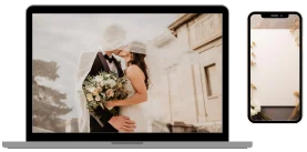 Faire-part de mariage digital affiché sur un écran d’ordinateur et un smartphone, montrant une parfaite compatibilité sur tous les appareils.