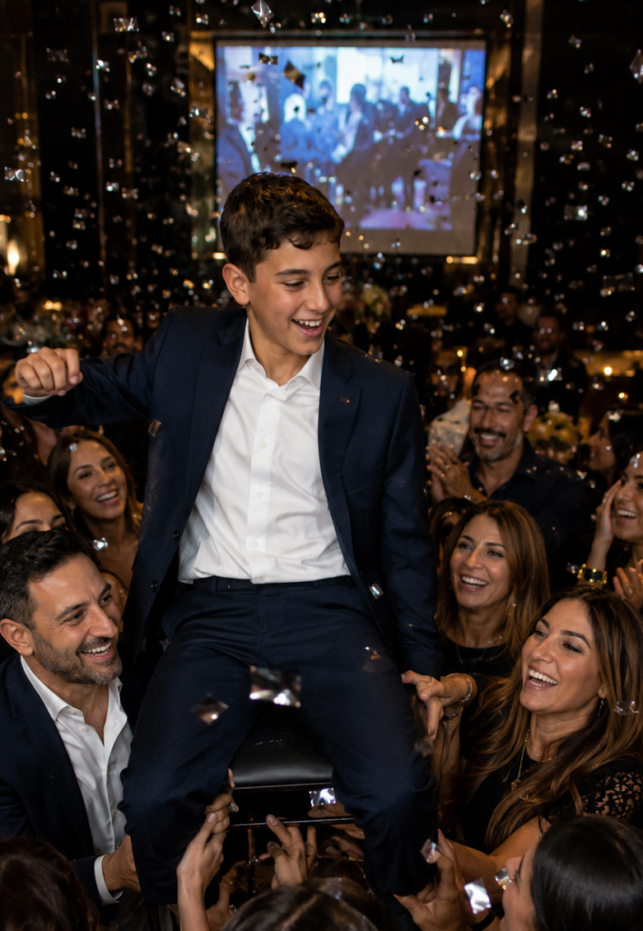 Famille réunie lors de la soirée de Bar-Mitzvah de leur fils, dans une ambiance festive et élégante.