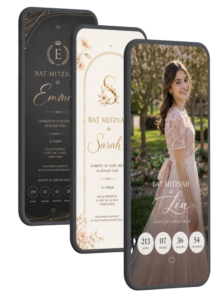 Faire-part Bat Mitzvah numérique personnalisé affiché sur smartphone