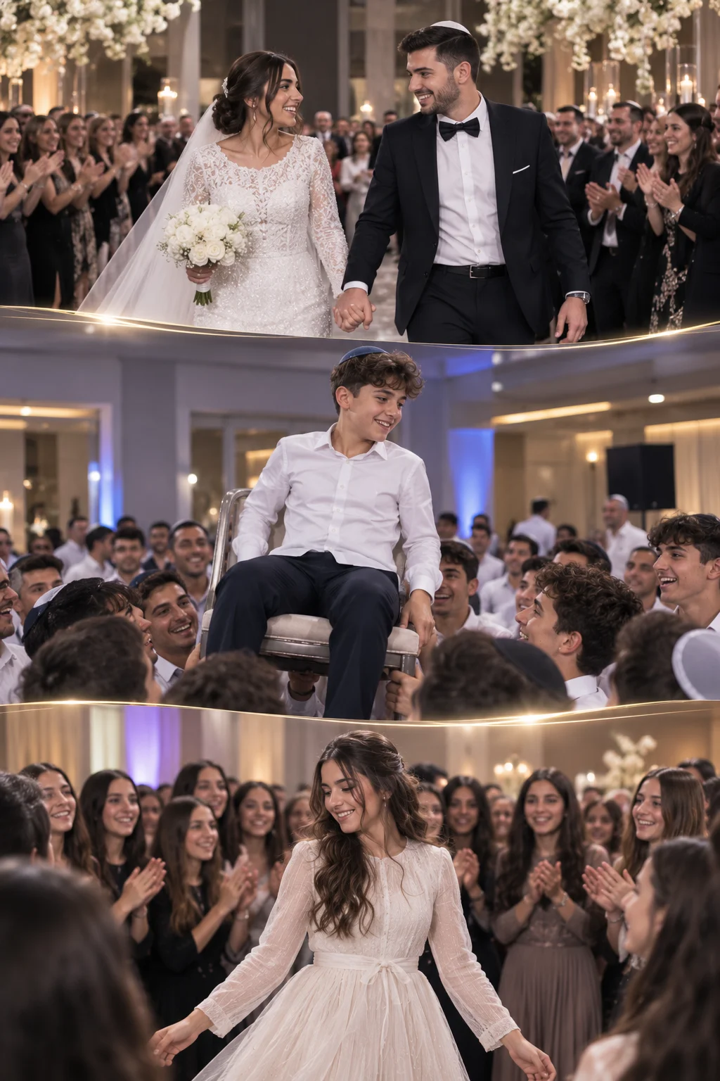 Triptyque de célébrations juives avec un mariage, une Bar-Mitzvah et une Bat-Mitzvah dans une ambiance festive et élégante